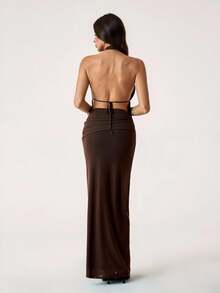 SHEIN Tall Women Elegant Plain Color Sexy Brown Halter Low Back Crop Top And Skirt Set,Elegant Outfits For Party,Wedding Guest Sets For Women,Party Outfit - Brown - View 5