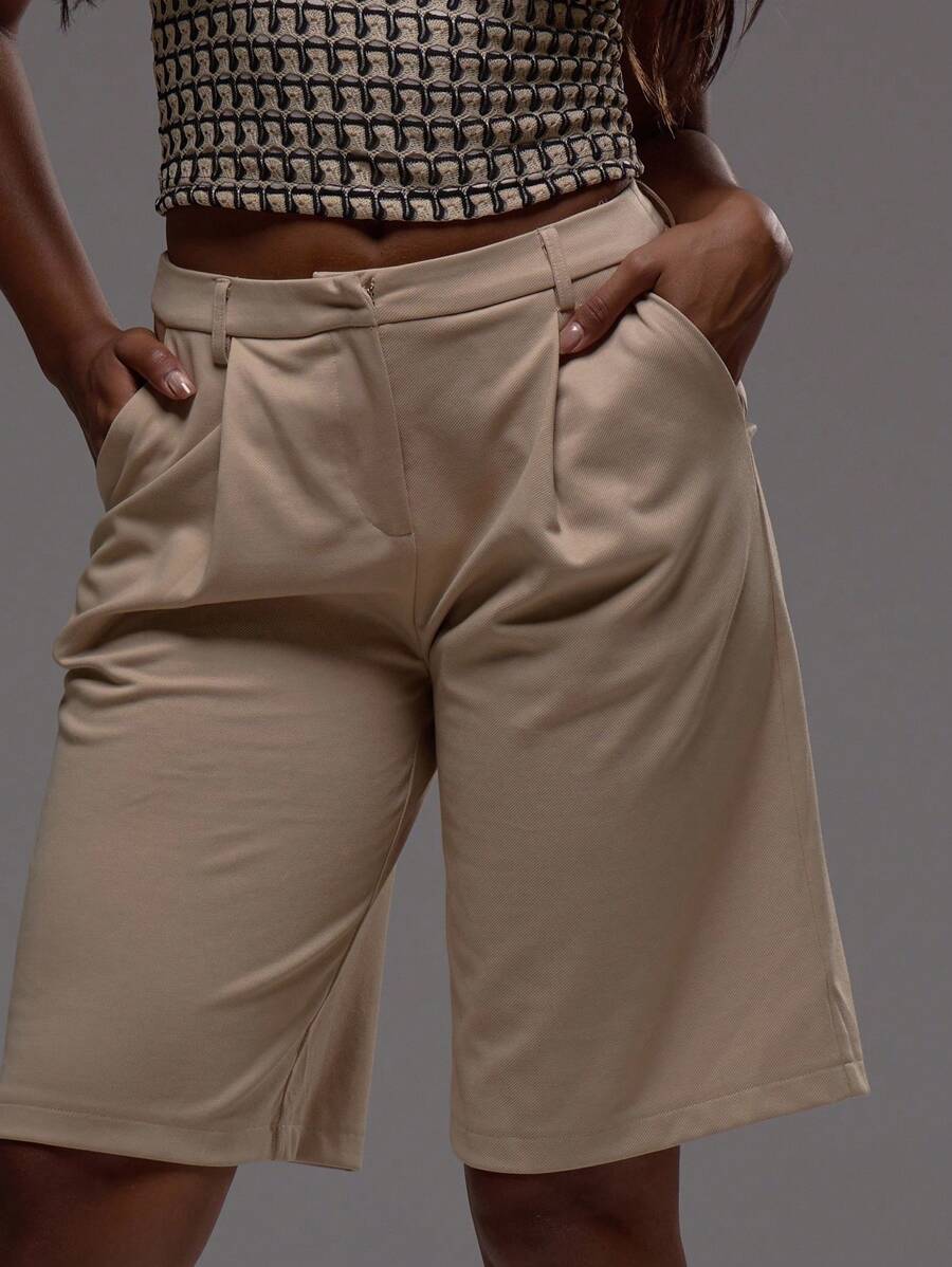 MUSERA 低腰修身长款短裤，配有腰带环细节，夏季可爱度假风，90年代优雅秋季返校季时尚休闲复活节 - 卡其色 - 查看 1