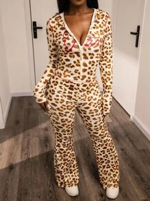 Zyxie 2 件套女式秋季豹纹拉链连帽上衣和猎豹印花裤休闲套装 - 棕色 - 查看 4