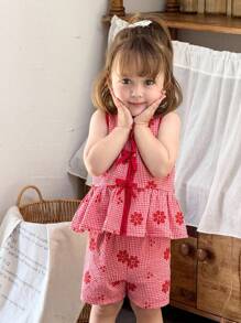 SHEIN 2 件套女婴幼儿 0-3 岁夏季休闲度假格子雏菊刺绣无袖上衣 + 短裤套装，红色 - 紅色 - 查看 7