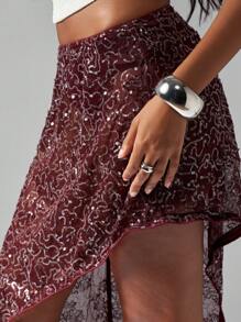 MISSGUIDED Jupe longue asymétrique en dentelle pailletée taille haute pour soirée, fête, mariage, invité. Jupe longue festive et élaborée