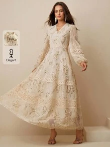 Anewsta 优雅休闲V领闪亮装饰灯笼袖长裙 - 杏色 - 查看 1