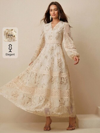 Anewsta Elegantes lässiges Abendkleid mit V-Ausschnitt, glänzendem Dekor und Laternenärmeln