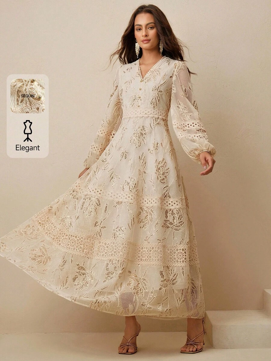 Anewsta 优雅休闲V领闪亮装饰灯笼袖长裙 - 杏色 - 查看 1