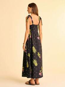 CAJUNI 女式菠萝印花休闲无袖连衣裙，夏季 - 黑色 - 查看 2