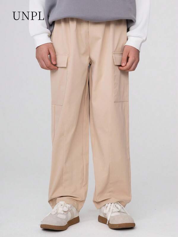 SHEIN Pantaloni lunghi kaki per bambini maschi, design con tasche cargo, casual e alla moda