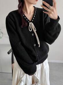 FRIFUL 女士蝴蝶结领饰抽绳开襟贝壳纽扣装饰宽松休闲毛衣，秋季 - 黑色 - 查看 8