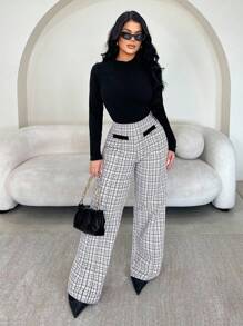 SHEIN SXY 女士复古别致优雅黑白格子长裤，适合休闲外出、通勤、聚会、正式场合，秋冬季百搭裤装 - 彩色 - 查看 1