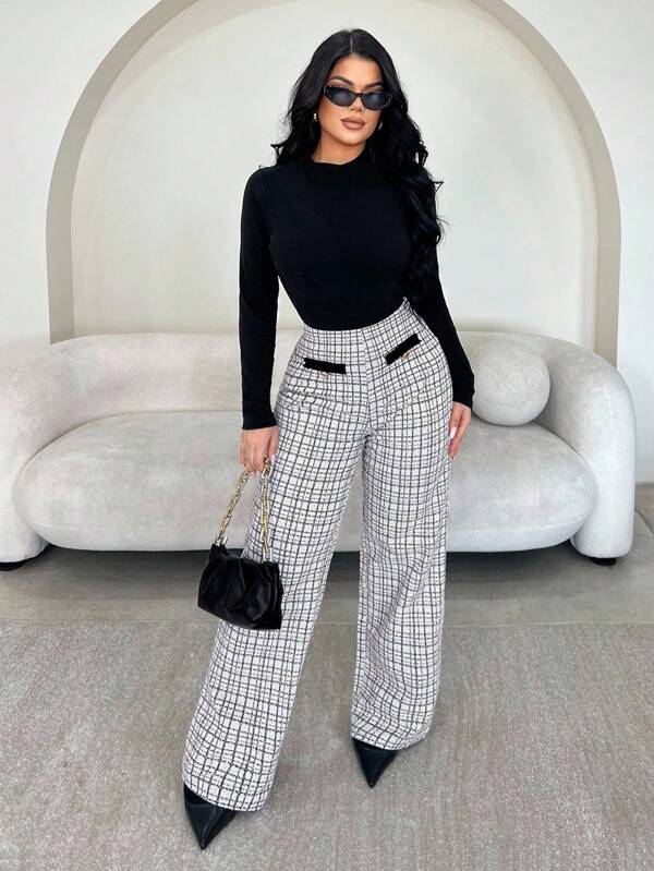 SHEIN SXY Women's Vintage Chic Elegant Black & White Plaid Trousers, Suitable For Casual Outings, Commute, Gatherings, Formal Occasions, Versatile Pants For Autumn/Winter, Checkered Pants, Plaid Pants, Wide Leg Pants, Plaid Wide Leg Pants