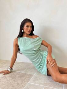 Aloruh 女士优雅派对鸡尾酒会舞会约会紧身连衣裙婚礼宾客鼠尾草绿色不对称肩部连衣裙绿色闪光迷你镂空背部吊带裙 - 綠色 - 查看 4