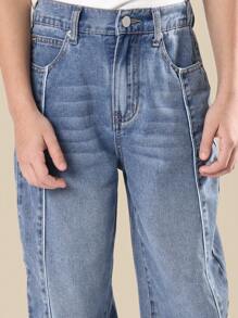 SUMWON 复古90年代风格侧边滚边阔腿牛仔裤青少年男童滑板篮球裤街头潮流冬秋时尚 - 藍色 - 查看 5