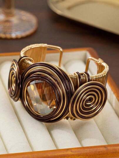 Hippie 1pc Punk Rock Style Brown Crystal Inlaid Metal Wire Open Cuff Bracelet, Y2K Retro High-End Personalized Braided Multi-Spiral Metal Chain Bracelet, Versatile High-End Creative Cool Fashion Bracelet