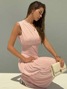 Aloruh Women Summer Elegant Solid Color Ruched Sleeveless Dress - Pink - View 3