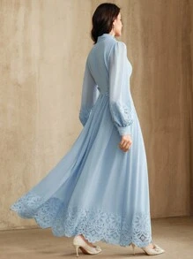 Anewsta Elegant French Style Patchwork Embroidered Lace Design Blue Dress For Women - Blue - View 7