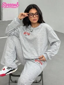 1 件宽松少女字母印花长袖运动衫和运动裤休闲套装，美式风格 - 灰色 - 查看 7