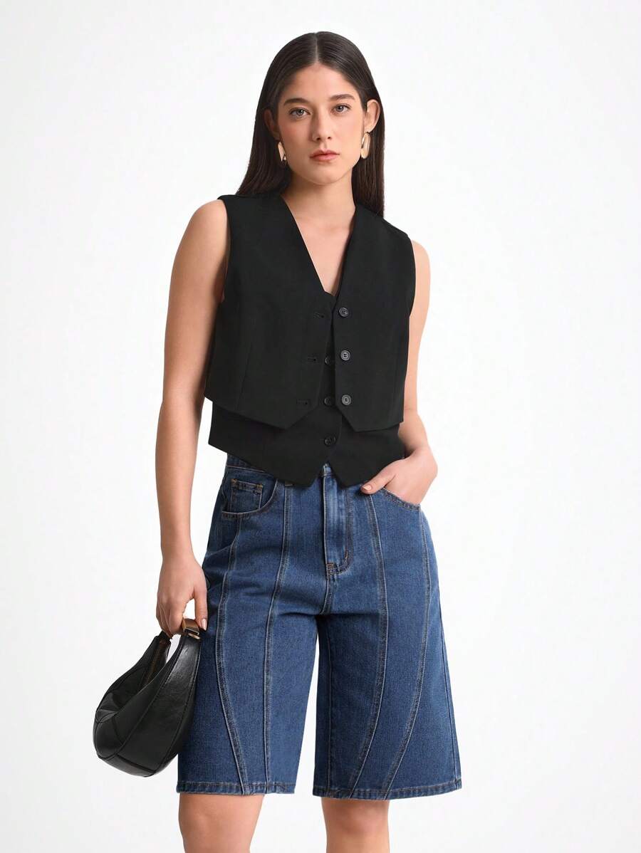 女士休闲水洗宽松牛仔短裤 - 深色水洗藍 - 查看 1