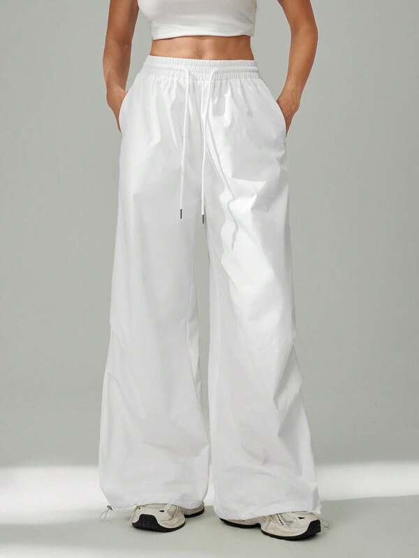 SHEIN Tall Women's Solid Color Drawstring Waist Pockets Wide Leg Loose Casual Pants