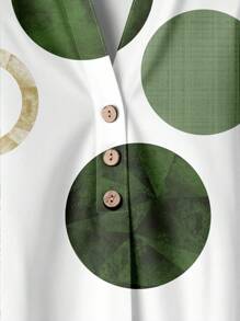 Rusticease 女士休闲简约绿色清新几何圆形印花图案宽松上衣衬衫 V 领喇叭袖直筒裤 2 件套 - 彩色 - 查看 3