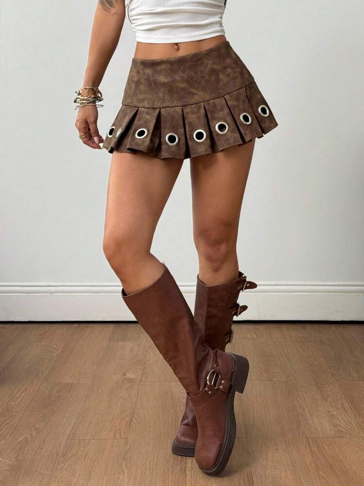 Coolane Women's  Fall/All-Season  Y2K Streetwear Punk Vintage Grunge Casual Western Wear Country Concert Distressed Leather  Pleated Skirt - Brown - View 4