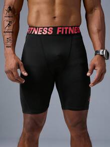 Manfinity Sport Polished Men's Letter Print Elastic Waist Skinny Fit Sports Leggings, Summer Breathable Sweat-Wicking 4-Way Stretch Material Running Muscle Minimalist Design Slim Fit For Gym Compression