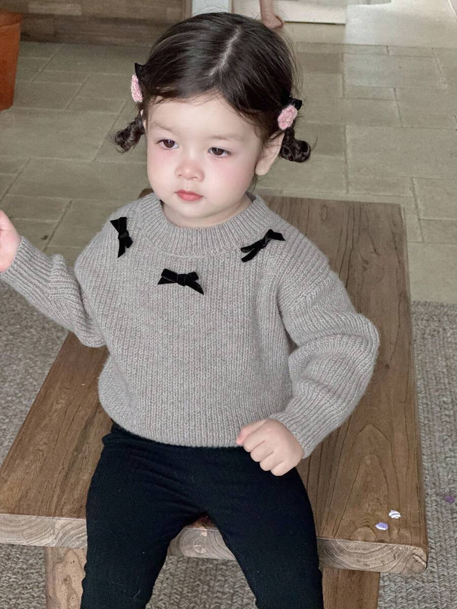 DAZY Pullover à col rond, manches longues pour bébé fille avec décoration de nœud