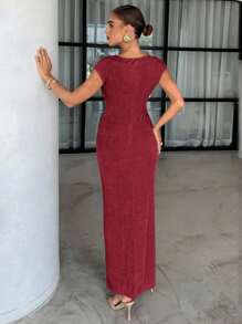 Lavishia 女式夏季杏色金属光泽短袖紧身连衣裙，时尚圆领长裙 - 酒紅色 - 查看 2