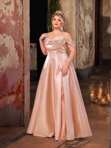 Glamrae 大码优雅浪漫香槟色闪亮缎面手工串珠荷叶边 A 字晚礼服（重饰设计） - 香檳色 - 查看 6