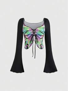 EgrlEra 女式甜心领蝴蝶结点缀喇叭袖荷叶边下摆 T 恤（随机颜色抽绳）Y2K 服装图案 T 恤女式上衣