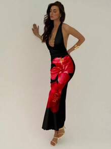 Aloruh 浪漫约会优雅花卉印花紧身长裙，秋季深 V 领露背镂空链条装饰设计