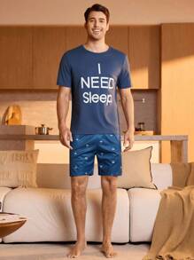Manfinity Underwear&Sleepwear Basics Men Slogan Graphic PJ Set / Pajama Set - Blue - View 3