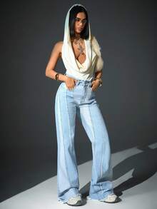 CasuGlow WOMEN WIDELEG JEAN FRINGE DETAIL CASUAL JEAN Two Piece Set Denim Two Piece Set Wide Leg Jeans Baggy Jeans Jeans Outfit - Light Wash - View 5