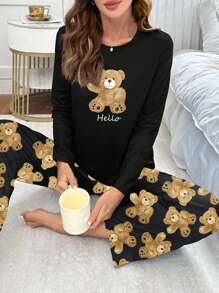 可爱小熊印花长袖上衣和裤子睡衣套装，泰迪熊可爱柔软睡衣套装，秋冬服装