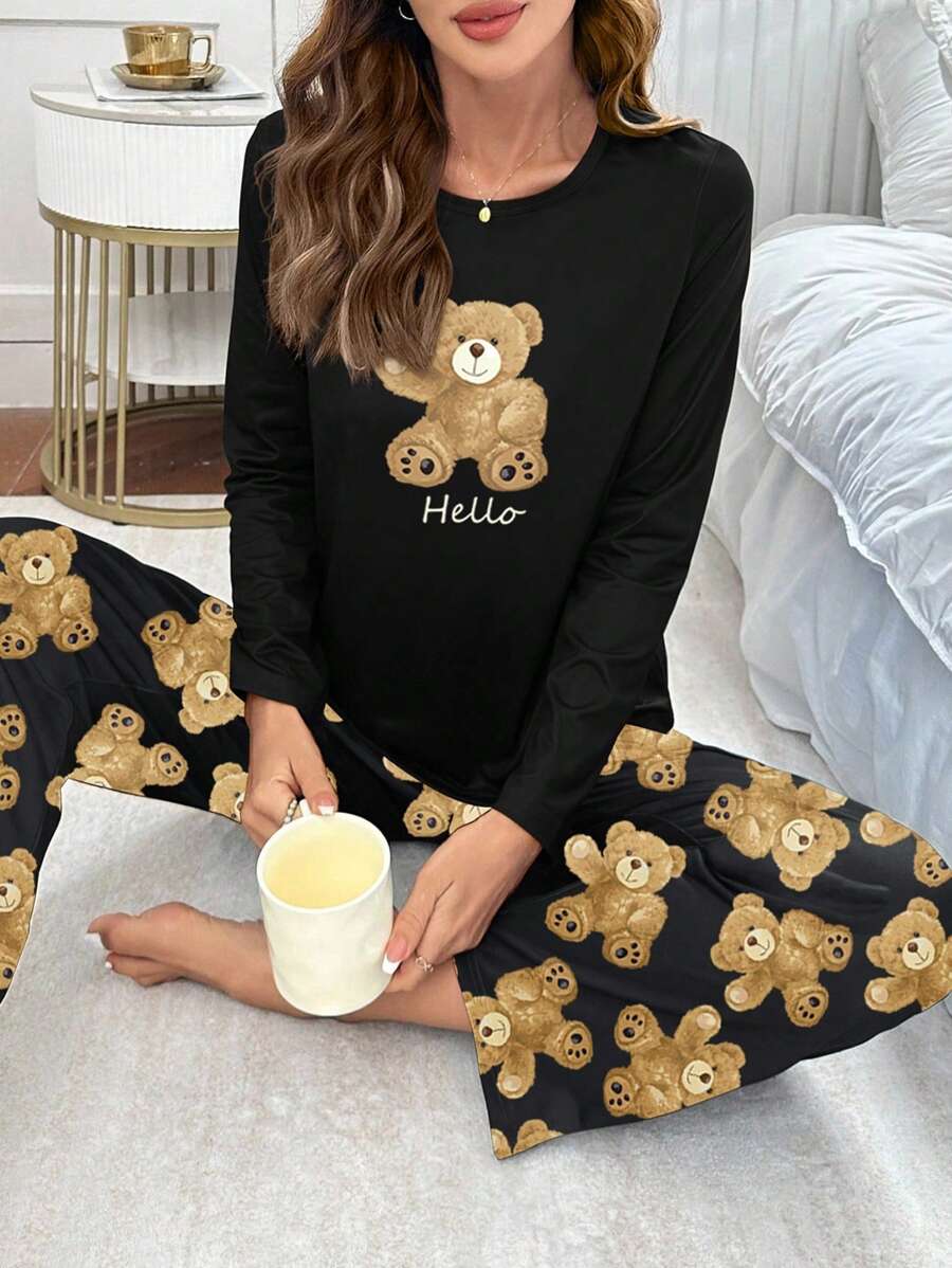 可爱小熊印花长袖上衣和裤子睡衣套装，泰迪熊可爱柔软睡衣套装，秋冬服装