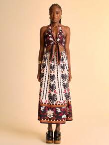 CAJUNI Robe à col ras-du-cou à nouer imprimée pour femmes - Vêtements bohèmes pour femmes / Vêtements occidentaux pour femmes / Graphique / Top décontracté pour femmes / Vêtements d'automne pour femmes