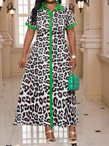 Fleurora Plus Size Leopard Print Long Dress,Summer,Elegant,Wedding Ninang,Black And White Button Up Shirt Dress,Women Short Sleeve V-Neck Loose Boho Midi Dress - Multicolor - View 7