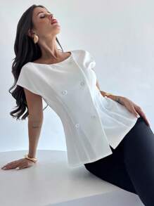 Firerie Women's Simple Solid Bat Wing Sleeve Double-Breasted Open Front Thin Blazer For Work & Commute - White - View 2