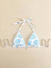 Swim Mod Plus Size Women Starfish Print Halter Neck Bikini Set With Shell Decor Swimsuit For Summer Beach Vacation - Multicolor - View 2