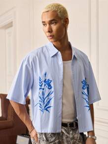 Manfinity VCAY Men's Floral Print Short Sleeve Single-Breasted Casual Loose Plaid Shirt - Blue - View 4