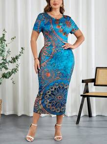 SHEIN Clasi 优雅大码女式花卉印花中长连衣裙，休闲夏季紧身连衣裙女式夏季服装 - 彩色 - 查看 3