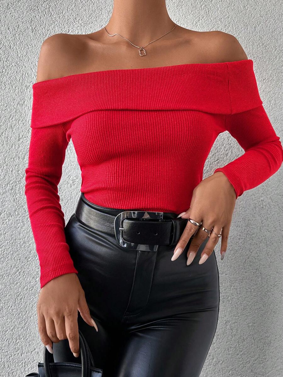 EURMUSE Cotton 2pcs/Set Women's Off-Shoulder Solid Color Casual T-Shirt Black & Red - Multicolor - View 1