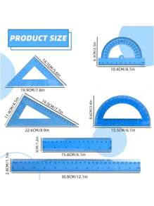 SHEIN Basic living 6 件套尺子套装（带量角器和直尺）、30 厘米学校办公室测量工具套件、5 色数学几何套装（适合学生）、返校用品、适合教室和办公室使用的绘图尺