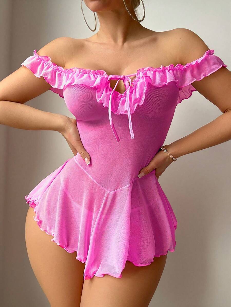 SHEIN Váy ngủ màu hồng nhạt bán trong suốt có viền cổ bèo nhún cho nữ Váy ngủ màu hồng Babydoll Đồ ngủ trong suốt xếp nếp màu hồng, Đi chơi - Màu Hồng Tươi - Xem 1