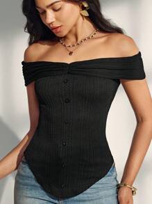 Almamuse 女士休闲纯色性感修身露肩上衣 - 黑色 - 查看 3