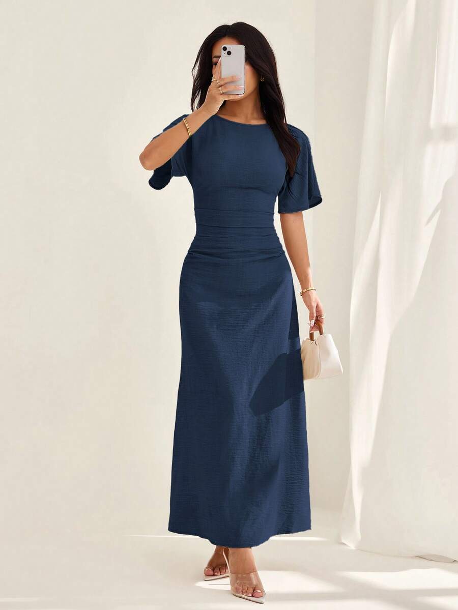 SHEIN PETITE 女式夏季纯色亚麻混纺休闲优雅连衣裙，