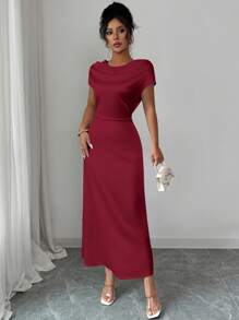 Rafferiza Đầm tay ngắn cổ buộc thanh lịch dành cho nữ, thích hợp cho buổi hẹn hò và đi làm - Màu Đỏ Sâu - Xem 6