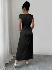 Rafferiza 女士优雅约会/通勤高领系带连衣裙，短袖 - 黑色 - 查看 2