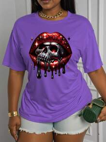 Maweii Women Plus Size Fashion Lip Print & Skull Graphic Short Sleeve Round Neck T-Shirt