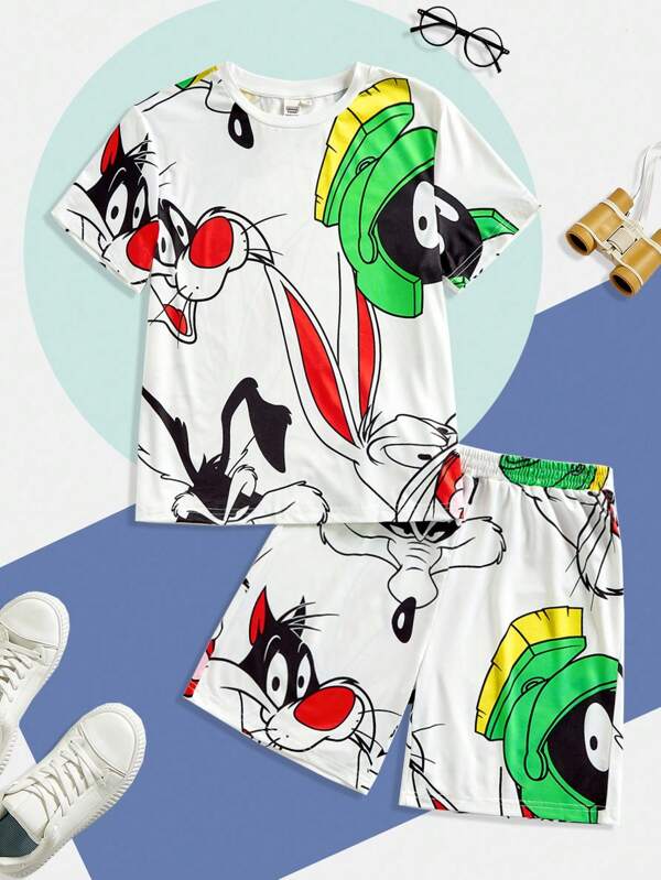 LOONEY TUNES X SHEIN Conjunto informal de 2 piezas de camiseta de manga corta con estampado de animales y shorts para niño preadolescente, adecuado para el verano