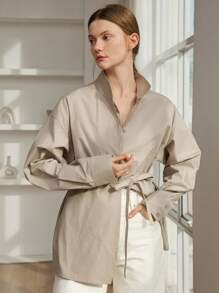 Dazy-Less Damen Lose Business Lässig Bluse mit Kordelzug, minimalistisches Langarmhemd für Büromode, Frühling/Herbst Damenkleidung