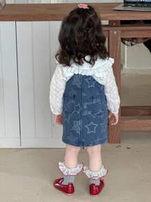 Hapijoa Baby Girl Star Print Casual Denim Pinafore Dress, Summer - Blue - View 2
